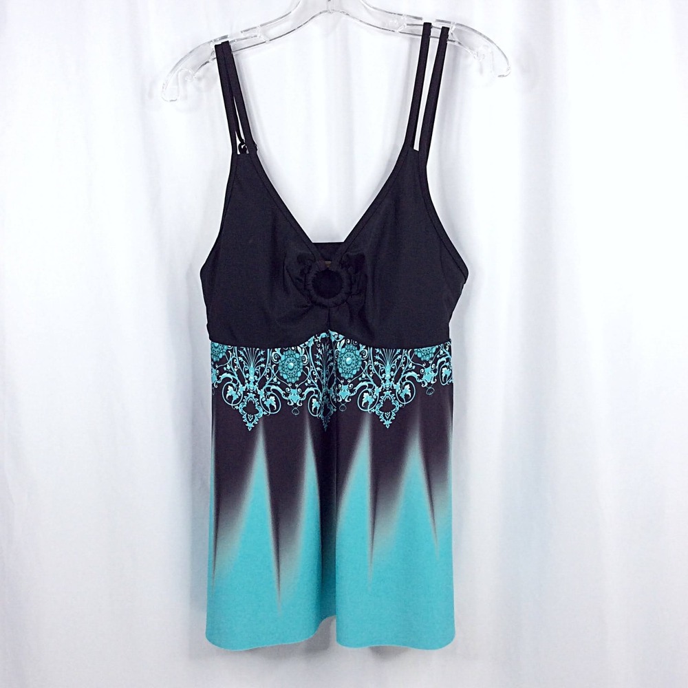 Women's 2PC Swimsuit Set Size 1XL Green Black Tankini Top Boyshorts Bottoms - Picture 3 of 15